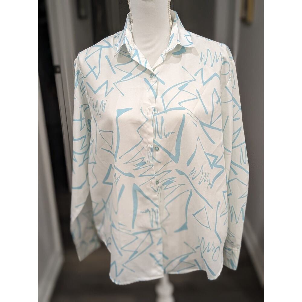 Vintage 80s Square One Abstract White Blue Lines Button Up Shirt